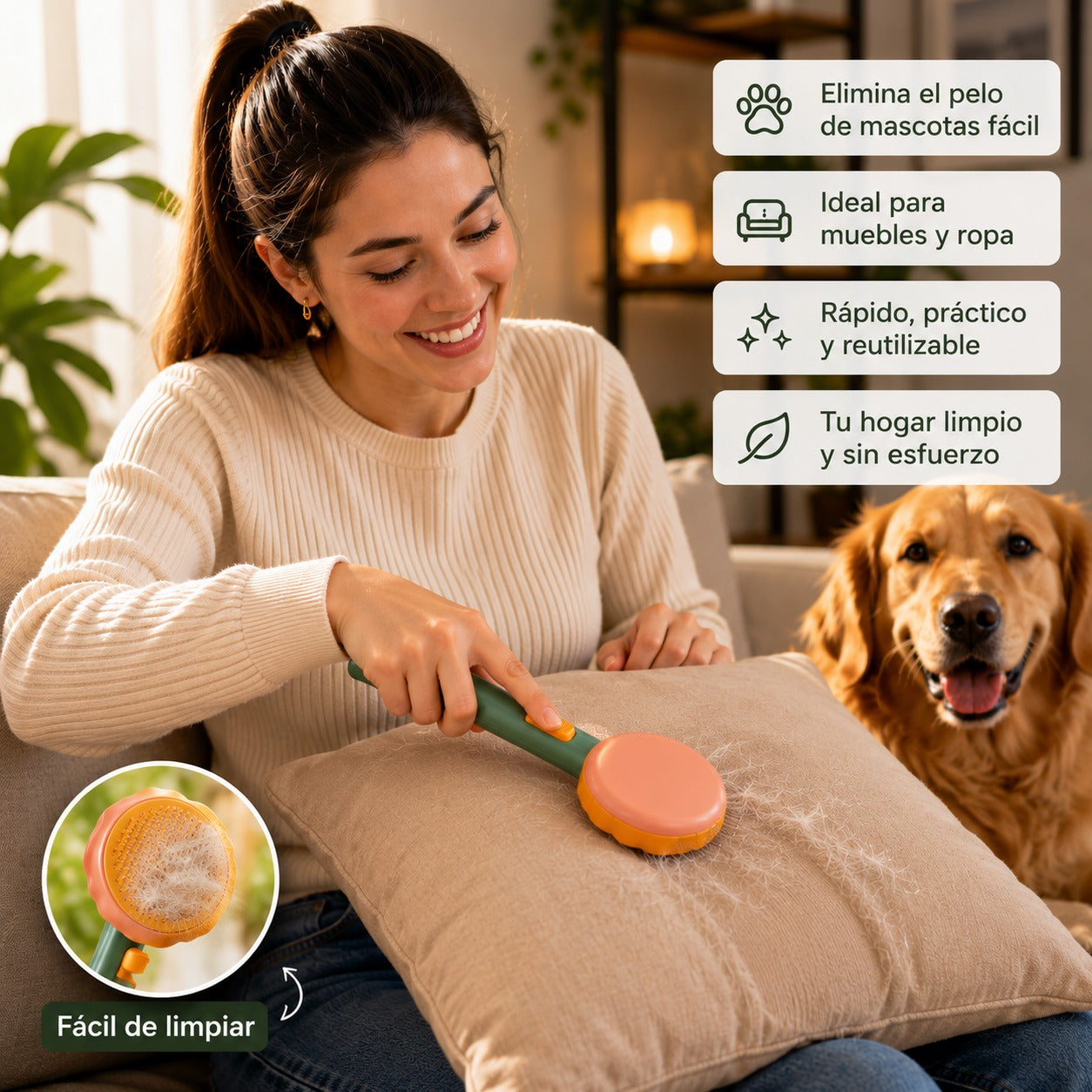 Cepillo Para Mascotas: Elimina pelo de mascotas fácilmente.