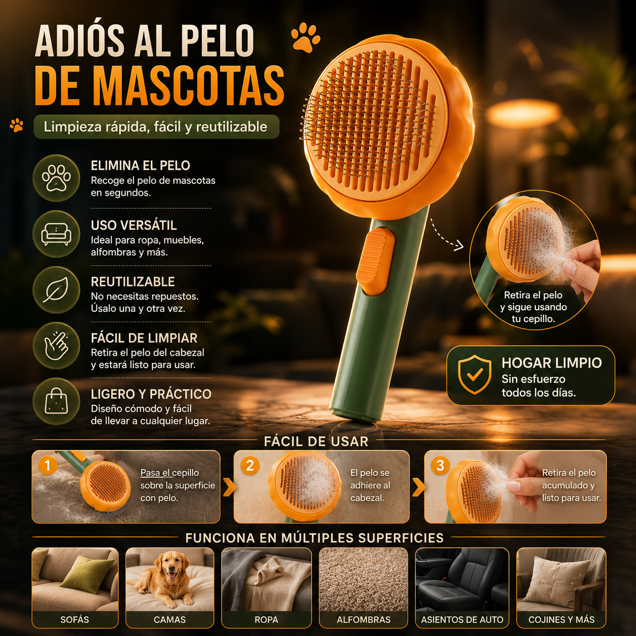 Cepillo Para Mascotas: Elimina pelo de mascotas fácilmente.